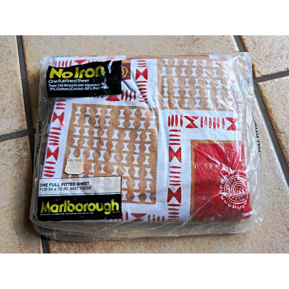 Vintage Marlborough No Iron Full Fitted Sheet 54 x 75 Tribal African Geometric